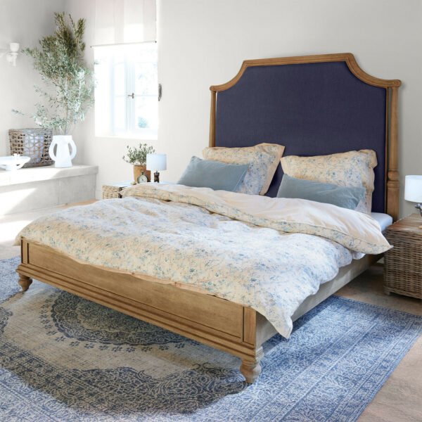 Lit bois manguier tissu lin bleu