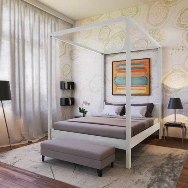 Lit baldaquin bois sapin massif blanc 140 x 190 cm
