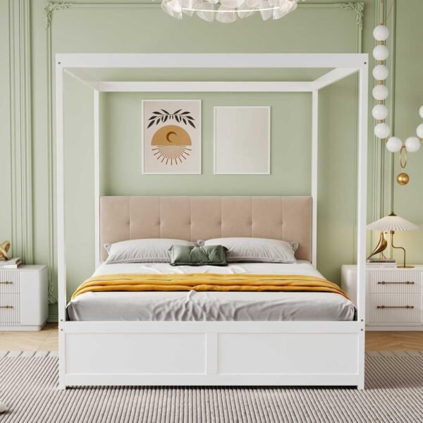 Lit baldaquin blanc bois dossier beige capitonné avec rangements 140 x 200 cm
