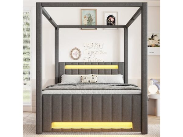 Lit baldaquin bois tissu gigogne avec tiroirs et led gris 140 x 200 cm