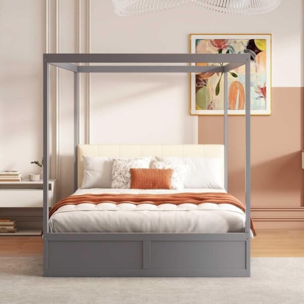 Lit baldaquin bois gris tissu avec tiroirs 140 x 200 cm
