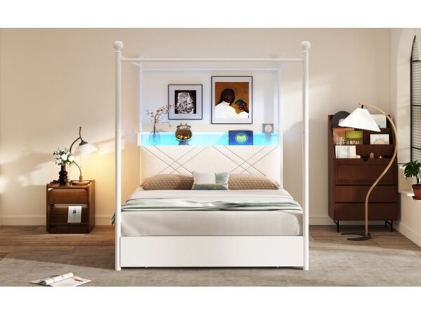 Lit baldaquin bois métal moderne tiroirs blanc led 140 x 109 cm