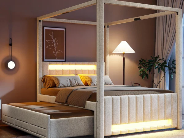Lit baldaquin bois tissu moderne gigogne led beige tiroirs 140 x 200 cm