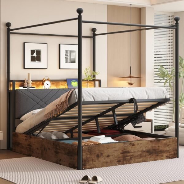 Lit baldaquin industriel métal bois avec coffre de rangement 140 x 190 cm