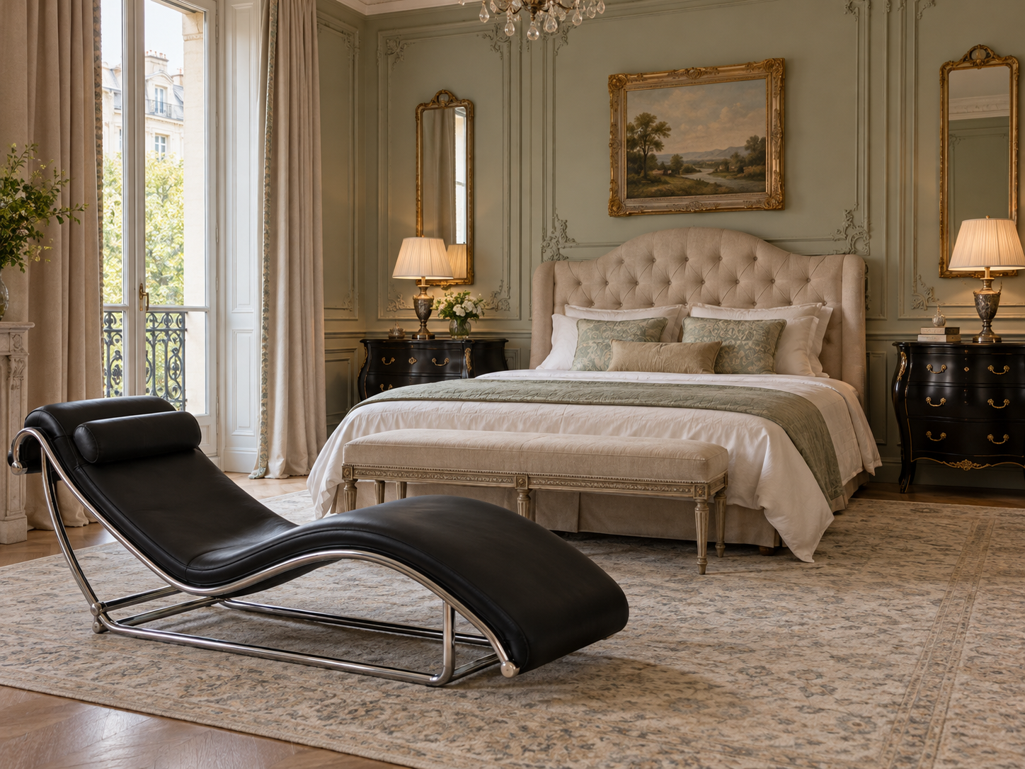 Chaise noire moderne dans une chambre classique