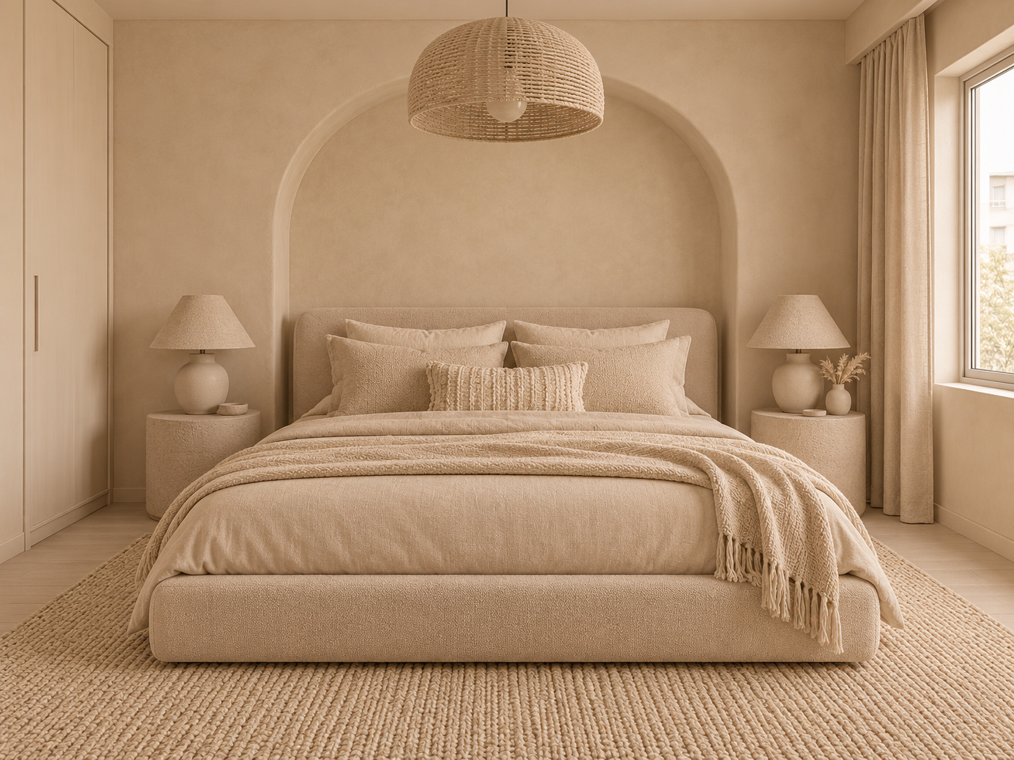 Chambre bohème entièrement beige
