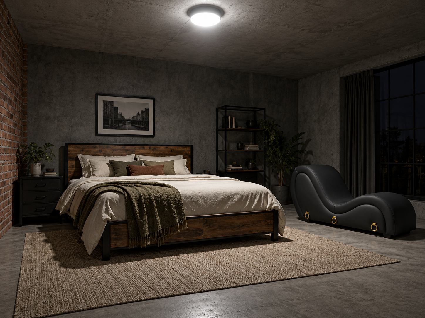Chambre industrielle froide, plafonnier unique, chaise tantra