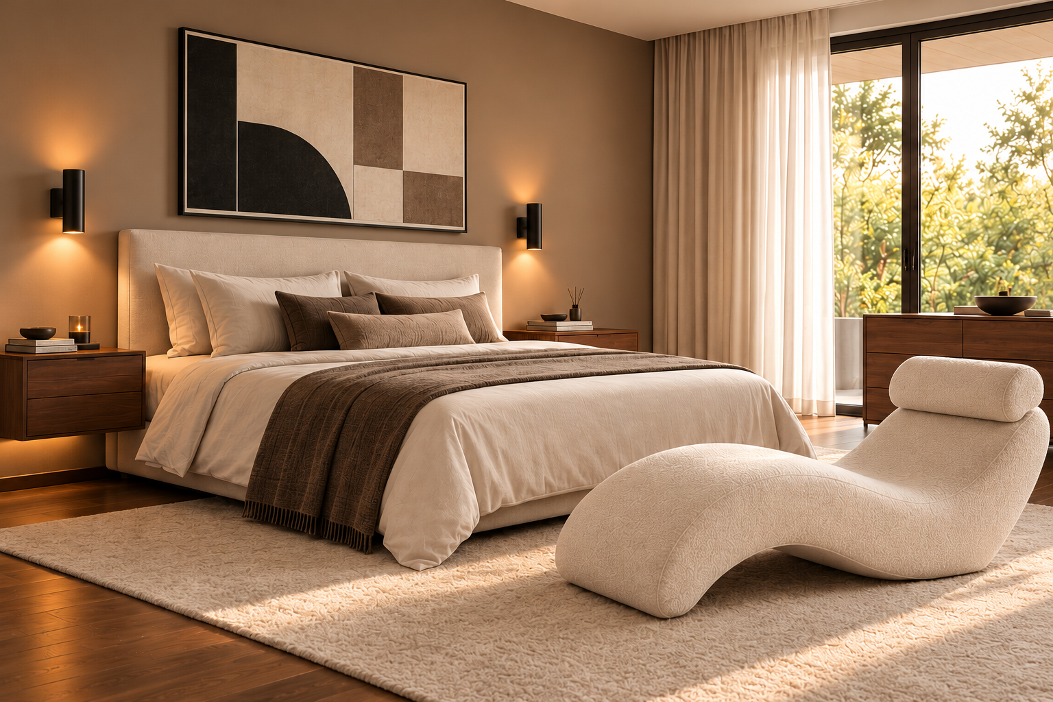 Chambre taupe avec lit et chaise longue
