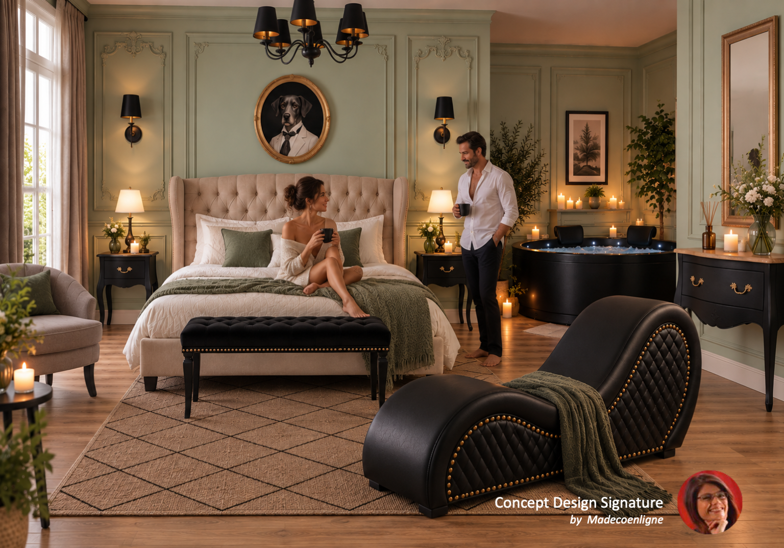 Loveroom neoclassique romantique fauteuil tantra jacuzzi