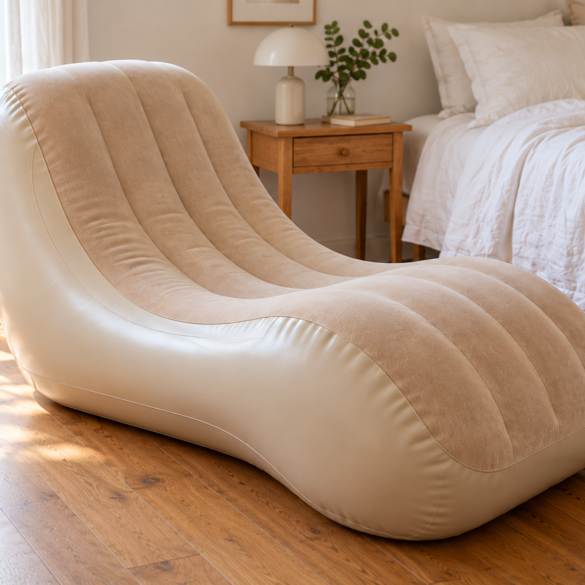 Chaise longue gonflable beige dans une chambre