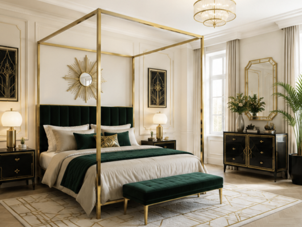 Chambre art deco chic vert dore