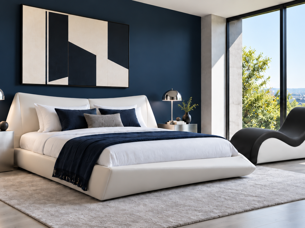 Chambre bleue au lit courbé