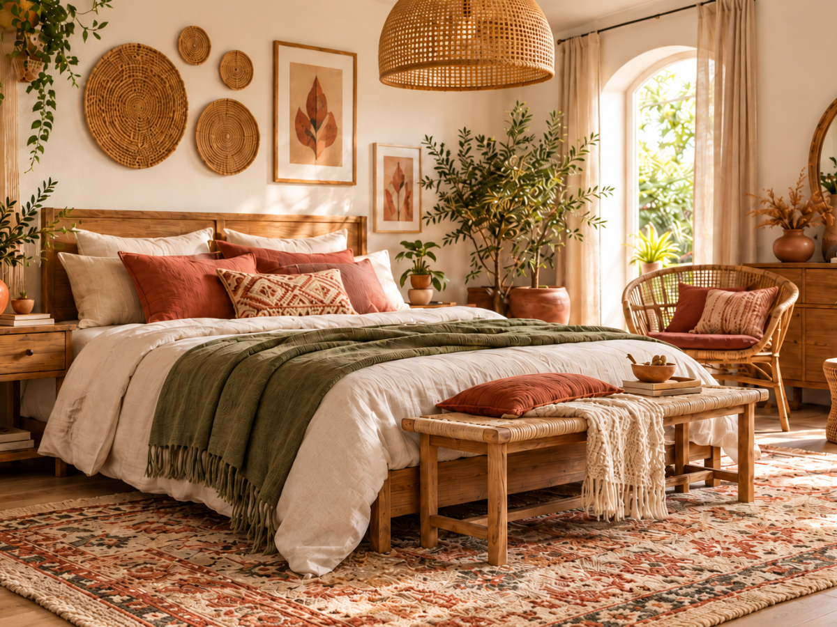 Chambre bohème en bois et terracotta
