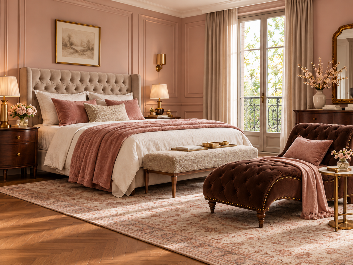 Chambre classique rose poudré aux accents dorés