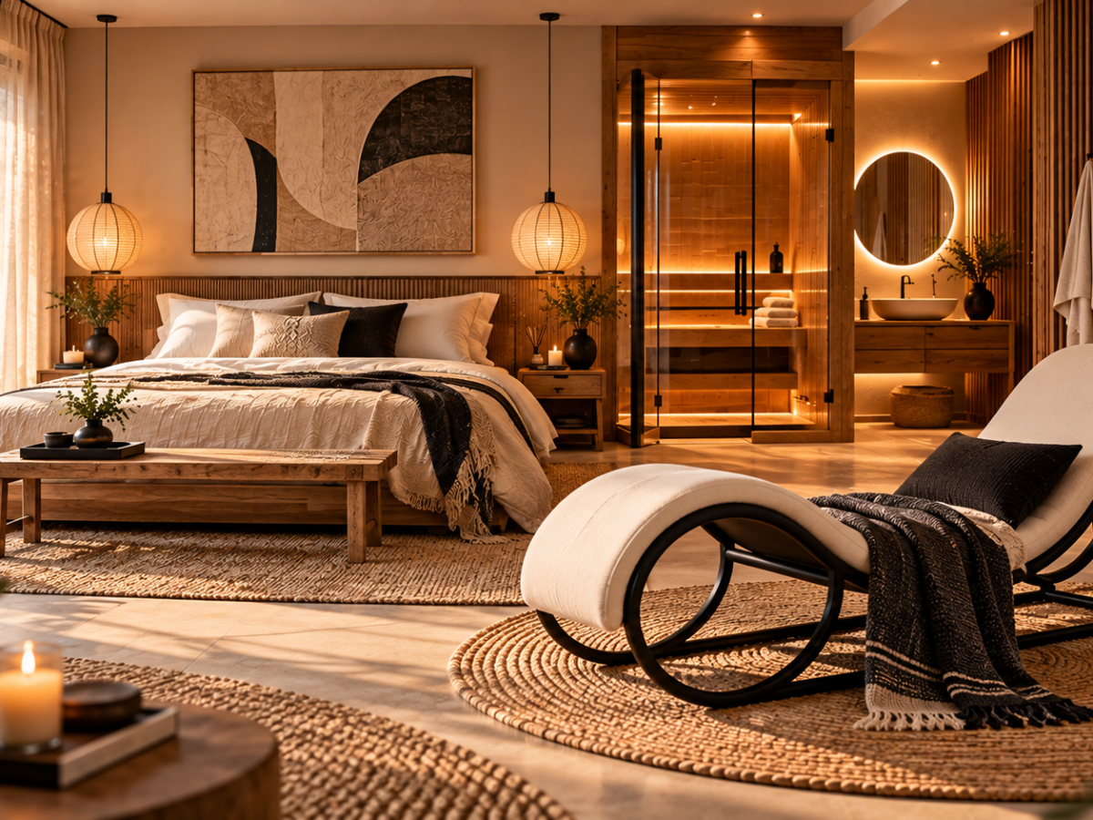 Chambre japandi avec espace sauna