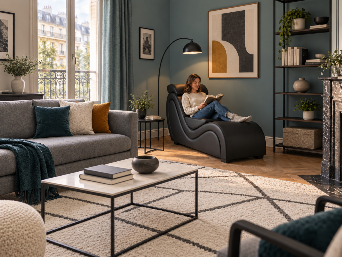 Femme dans salon se relaxe et lit