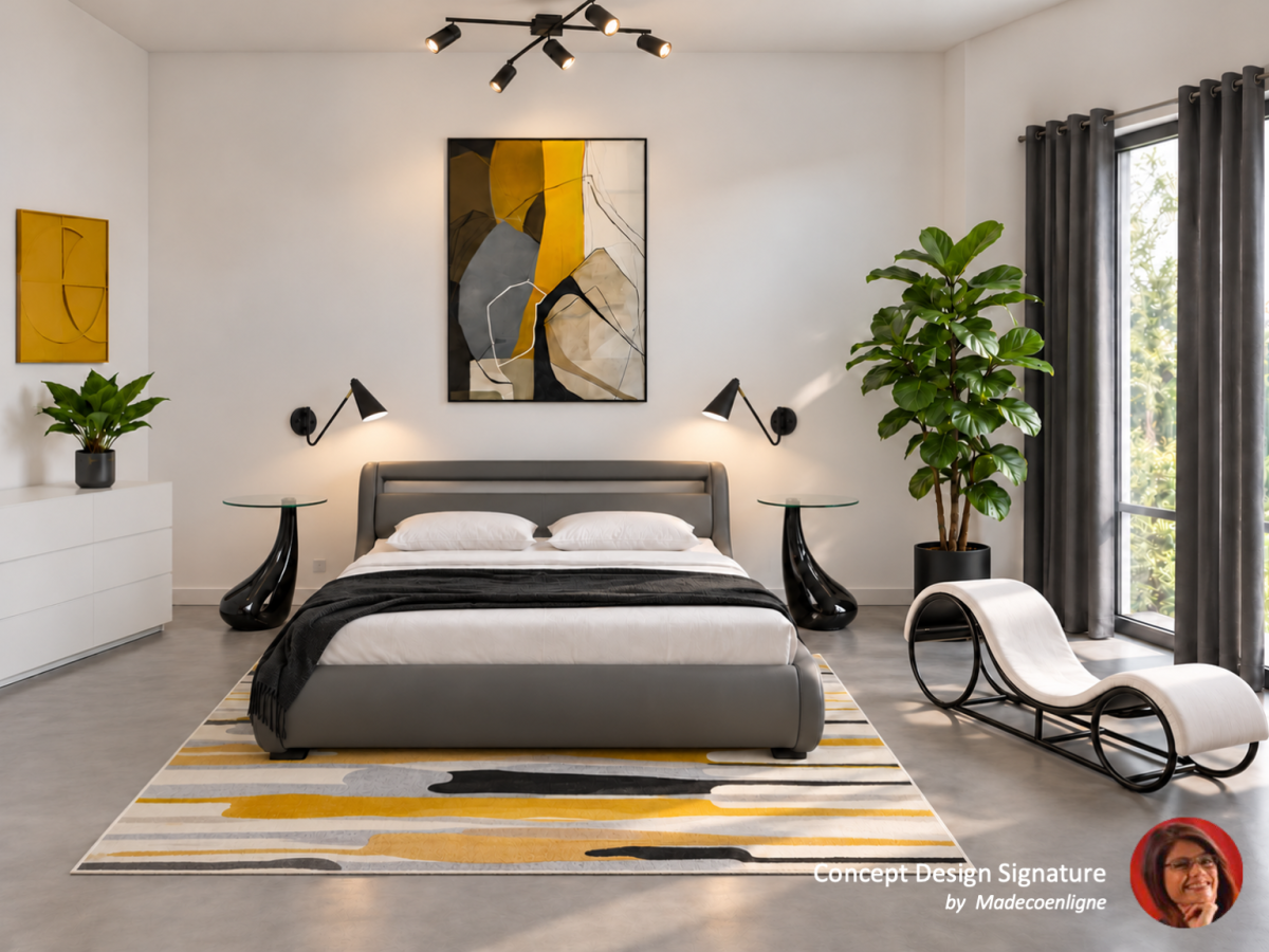 Loveroom design noire blanc jaune avec fauteuil tantra