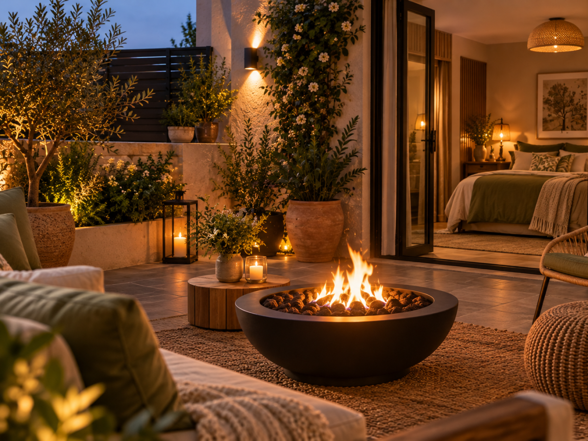 Terrasse exterieure cheminee brasero